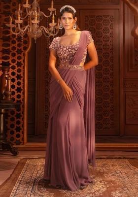 Rose Pink Hand Work Georgette Pre Draped Saree Set