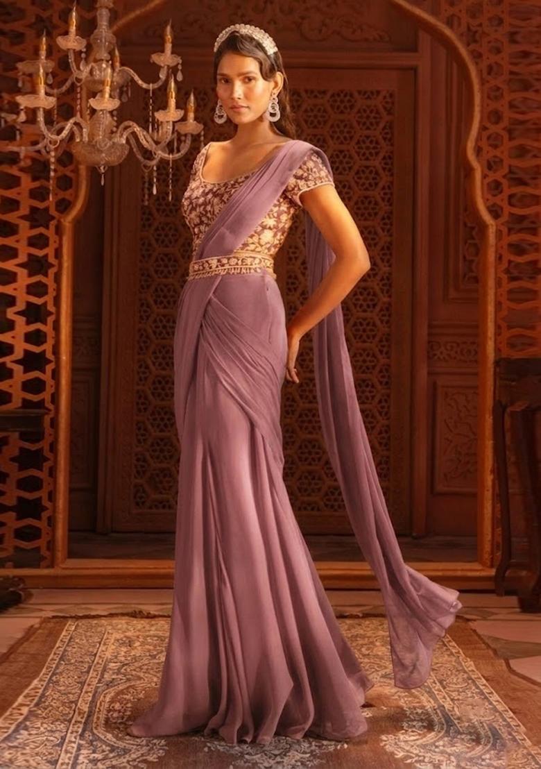 Rose Pink Hand Work Georgette Pre Draped Saree Set - Indya