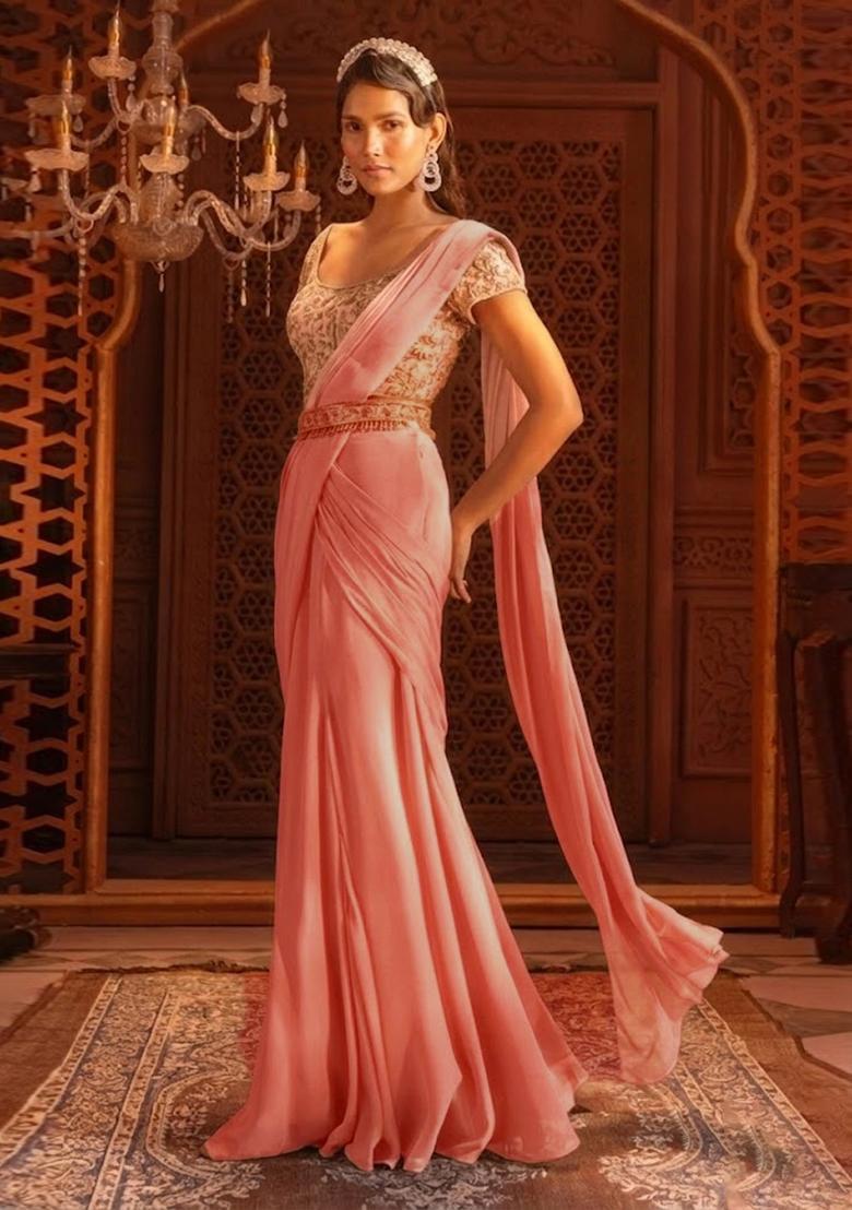 Peach Hand Work Georgette Pre Draped Saree Set - Indya
