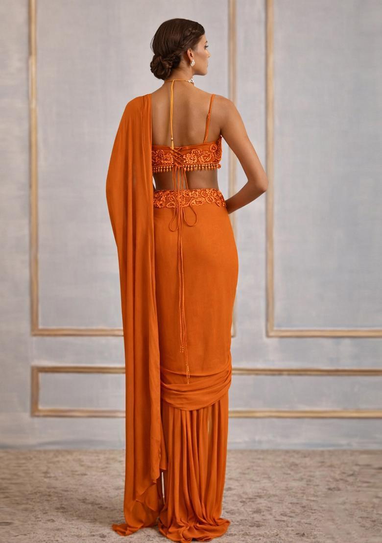 Rust Hand Work Crepe Pre Draped Saree Set - Indya