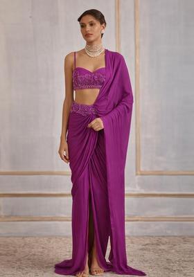 Purple Hand Work Crepe Pre Draped Saree Set