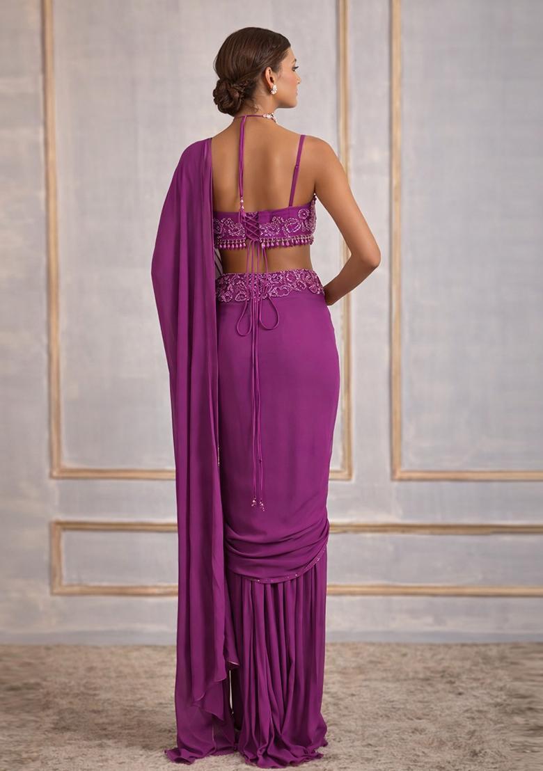 Purple Hand Work Crepe Pre Draped Saree Set - Indya