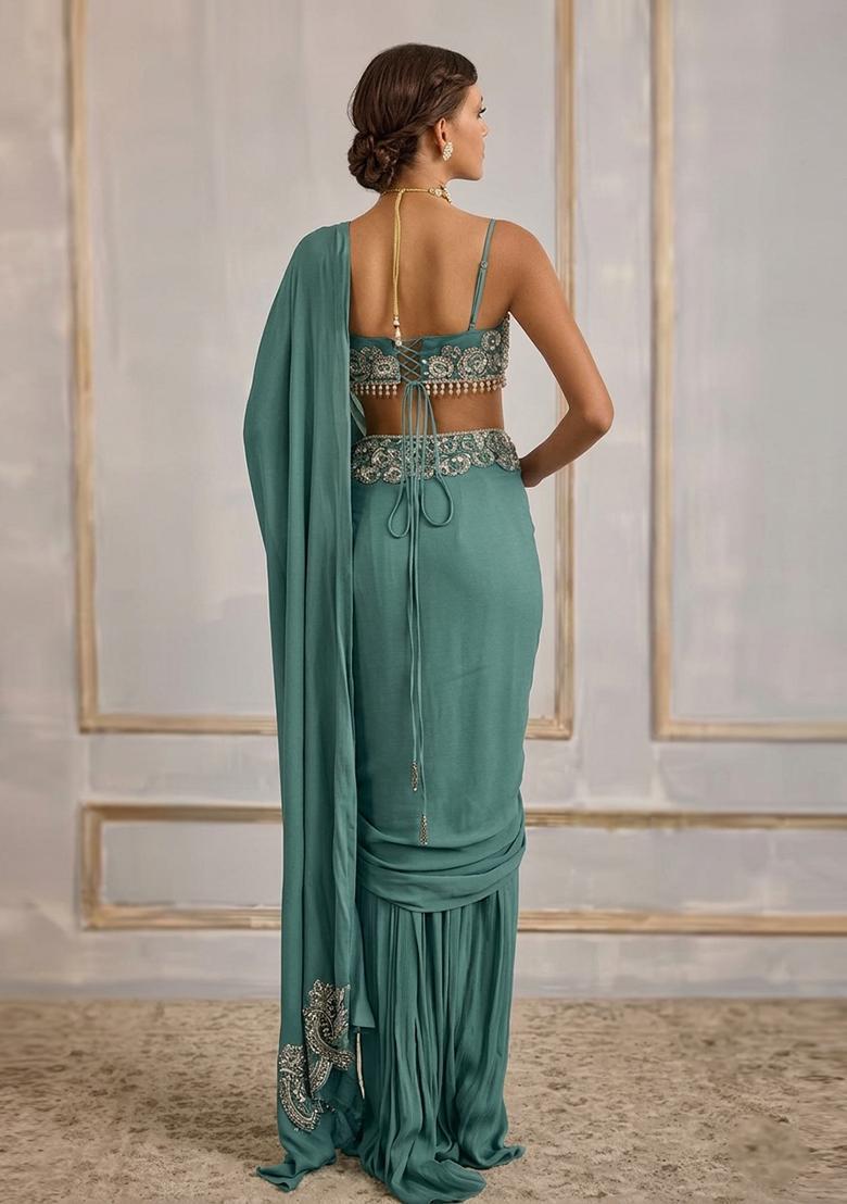 Mint Green Hand Work Crepe Pre Draped Saree Set - Indya