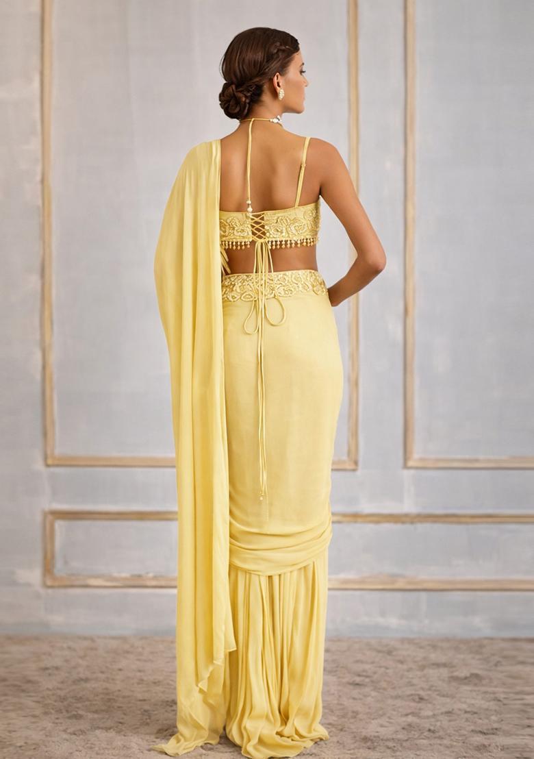 Light Yellow Hand Work Crepe Pre Draped Saree Set - Indya