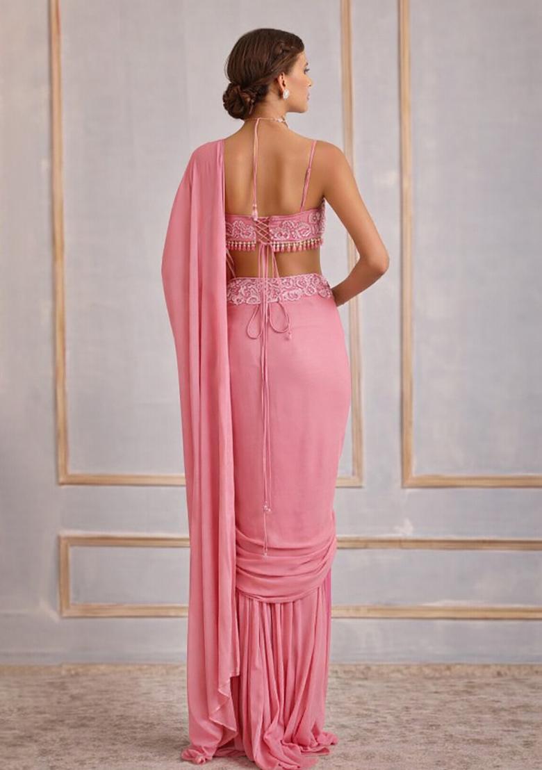 Bright Pink Hand Work Crepe Pre Draped Saree Set - Indya