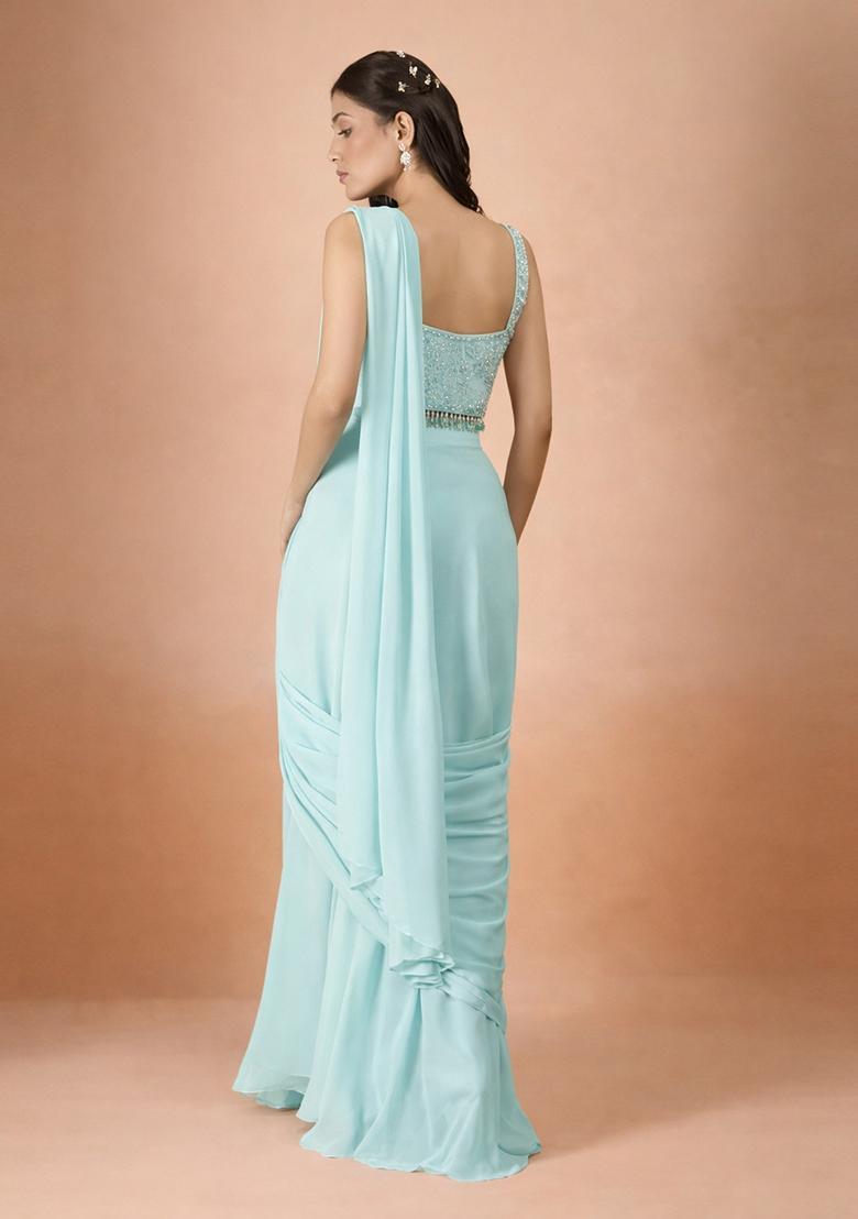Pale Blue Hand Work Georgette Pre Draped Saree Set - Indya