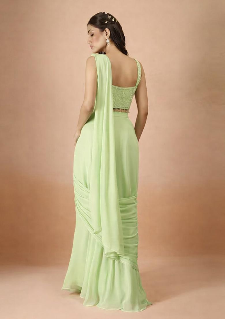 Yellow Hand Work Georgette Pre Draped Saree Set - Indya