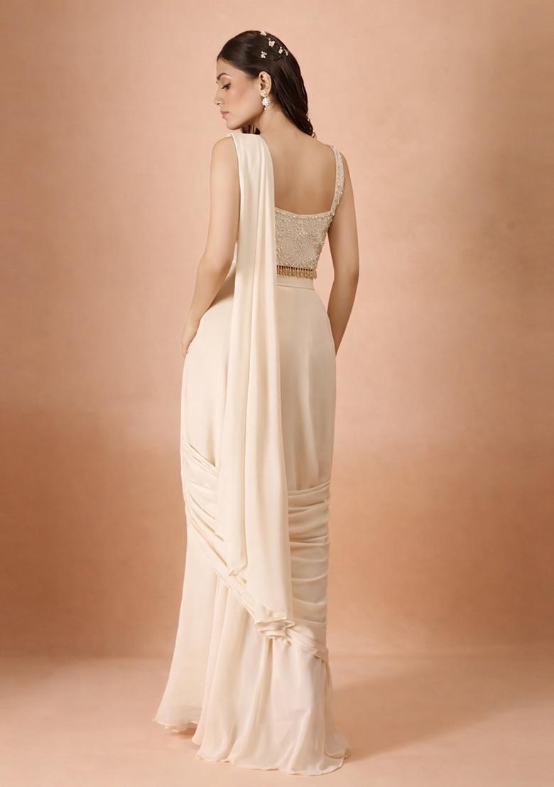 Cream Hand Work Georgette Pre Draped Saree Set - Indya