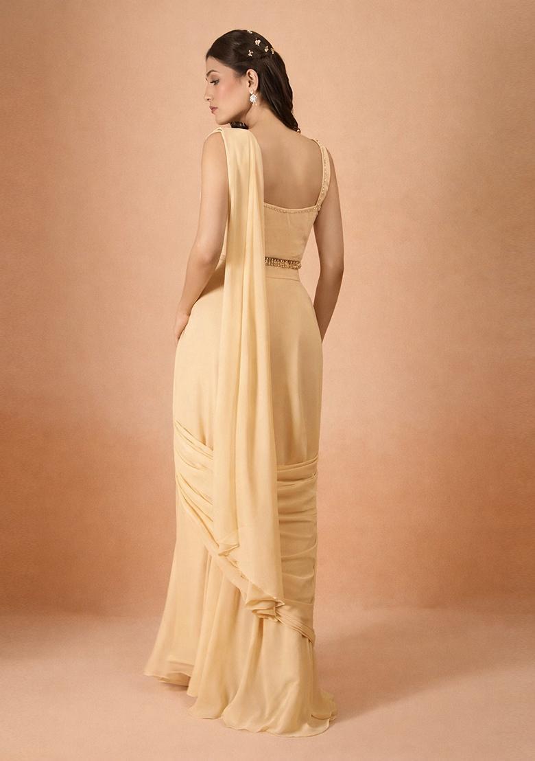 Light Yellow Hand Work Georgette Pre Draped Saree Set - Indya