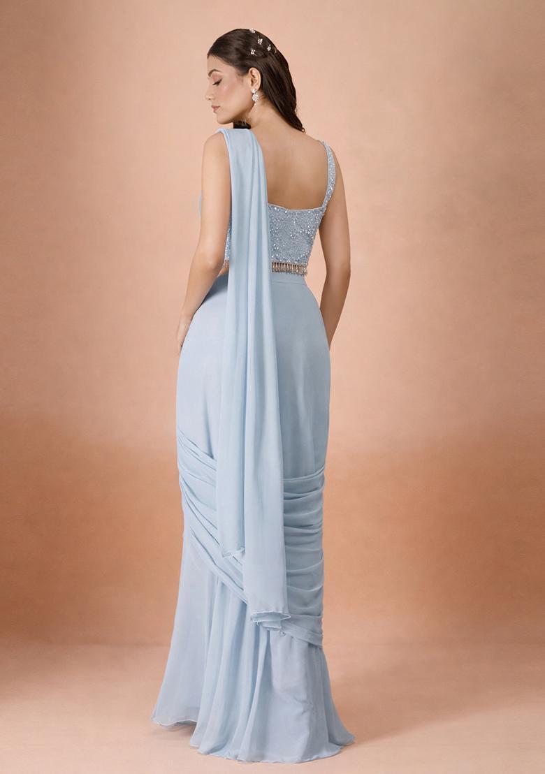 Light Blue Hand Work Georgette Pre Draped Saree Set - Indya