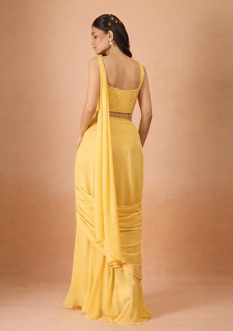 Mustard Hand Work Georgette Pre Draped Saree Set - Indya