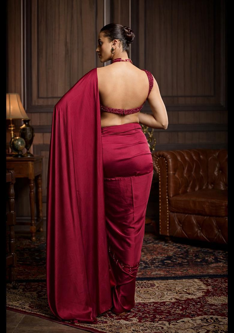 Red Hand Work Satin Pre Draped Saree Set - Indya
