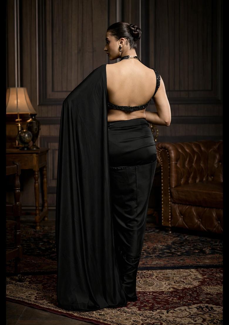 Black Hand Work Satin Pre Draped Saree Set - Indya