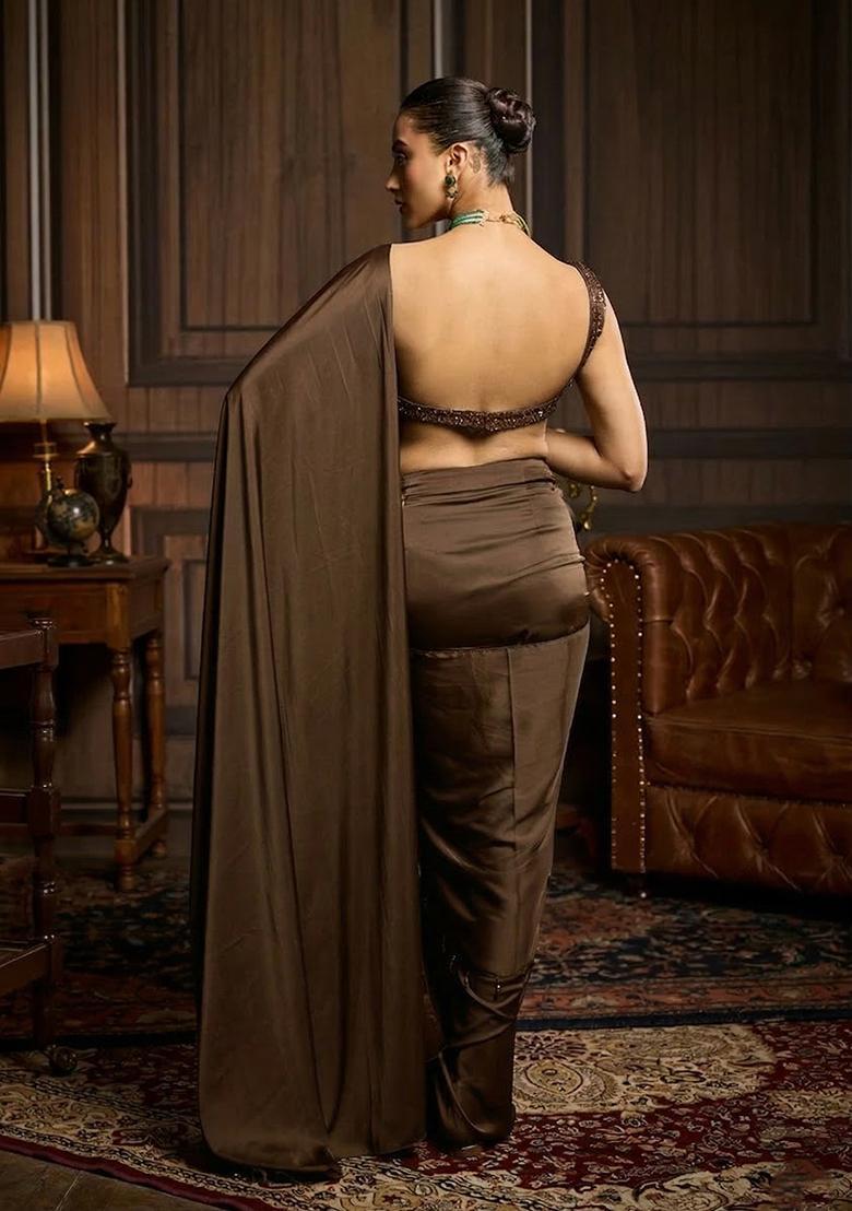 Dark Brown Hand Work Satin Pre Draped Saree Set - Indya
