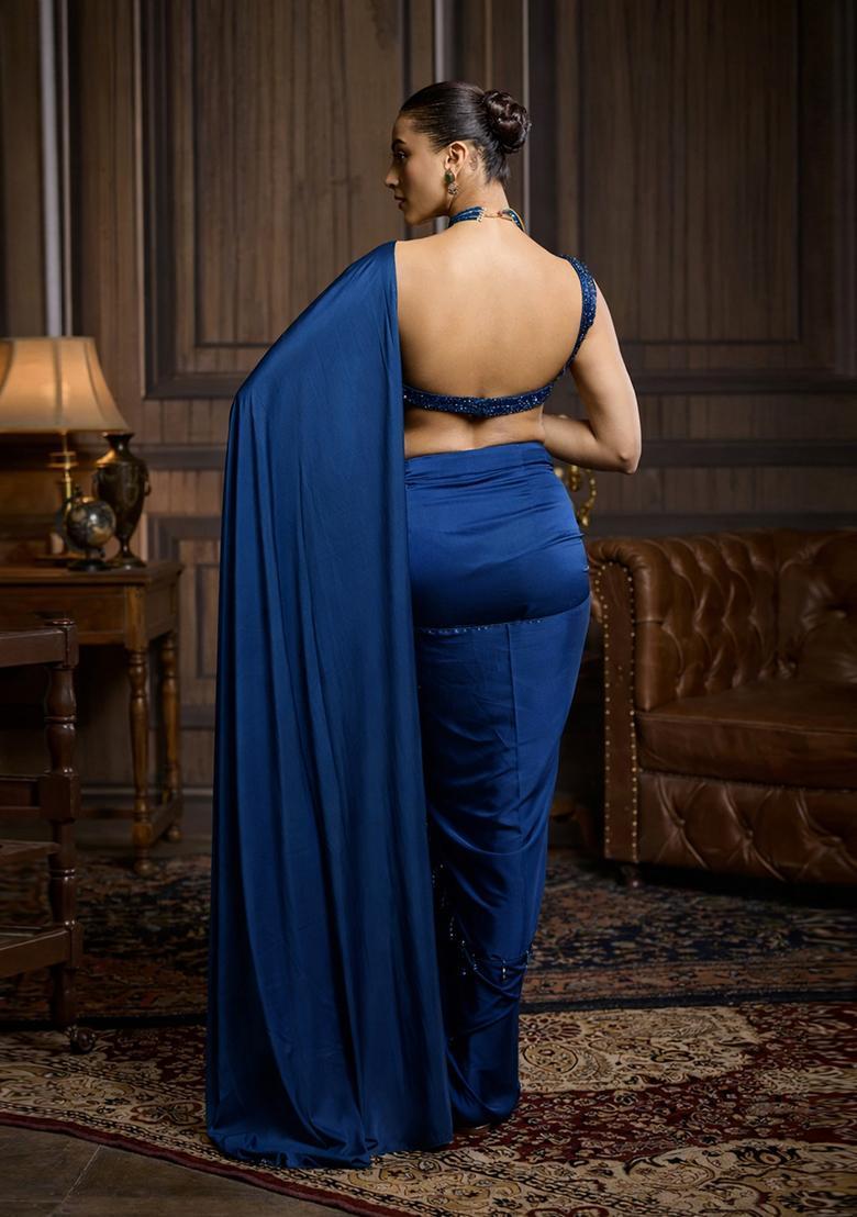 Dark Brown Hand Work Satin Pre Draped Saree Set - Indya
