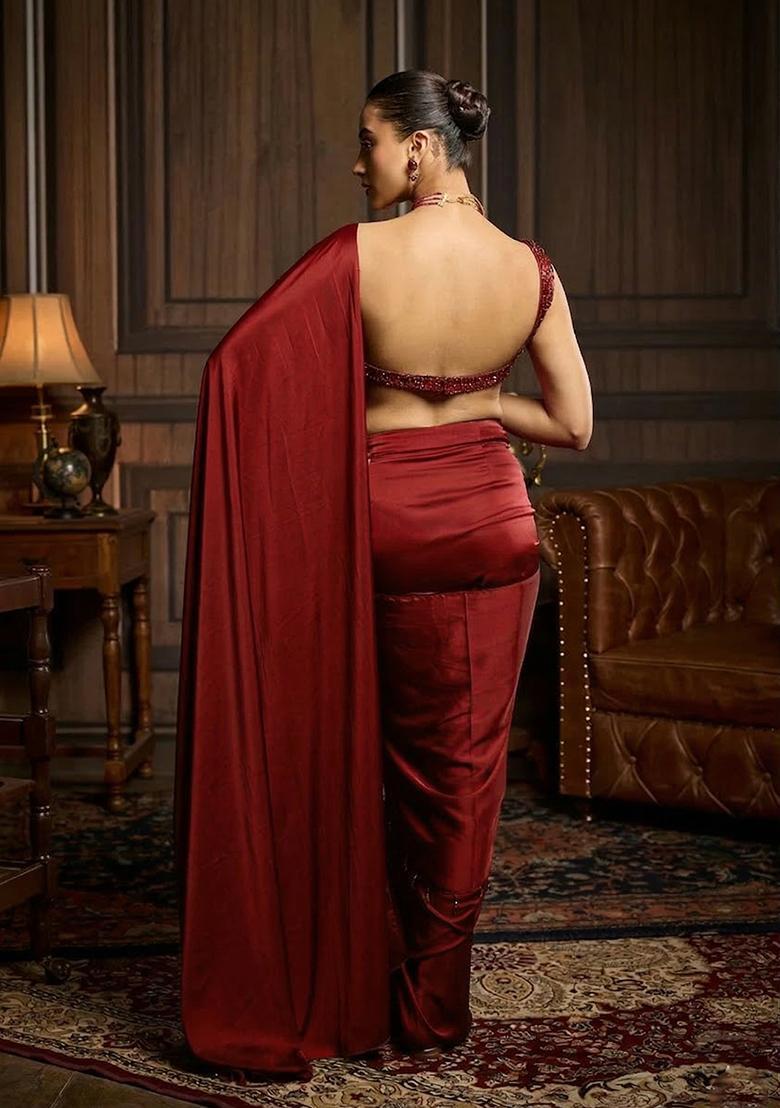 Wine Hand Work Satin Pre Draped Saree Set - Indya