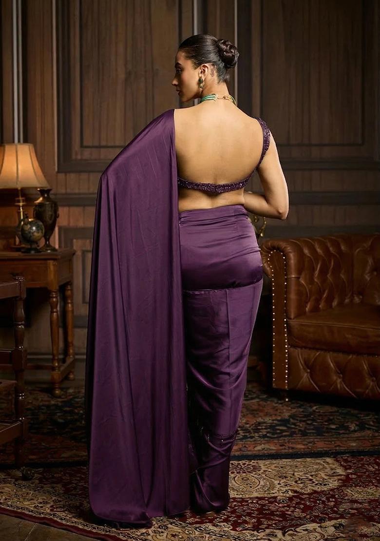 Purple Hand Work Satin Pre Draped Saree Set - Indya
