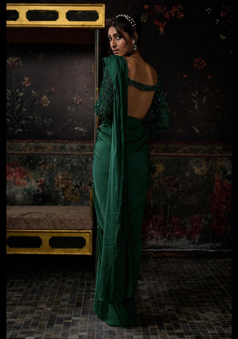 Forest Green Hand Work Satin Pre Draped Saree Set - Indya