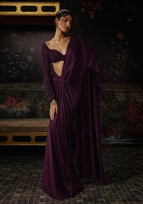 Plum Hand Work Satin Pre Draped Saree Set