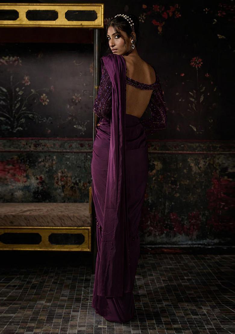 Plum Hand Work Satin Pre Draped Saree Set - Indya