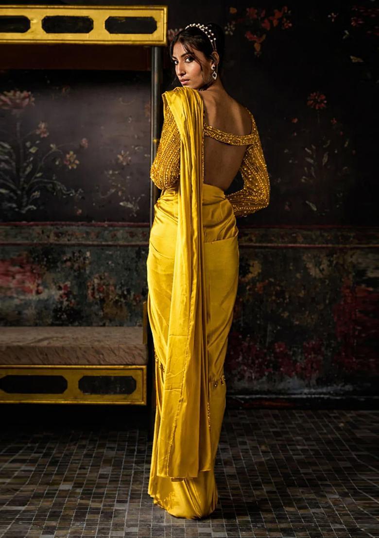 Gold Hand Work Satin Pre Draped Saree Set - Indya