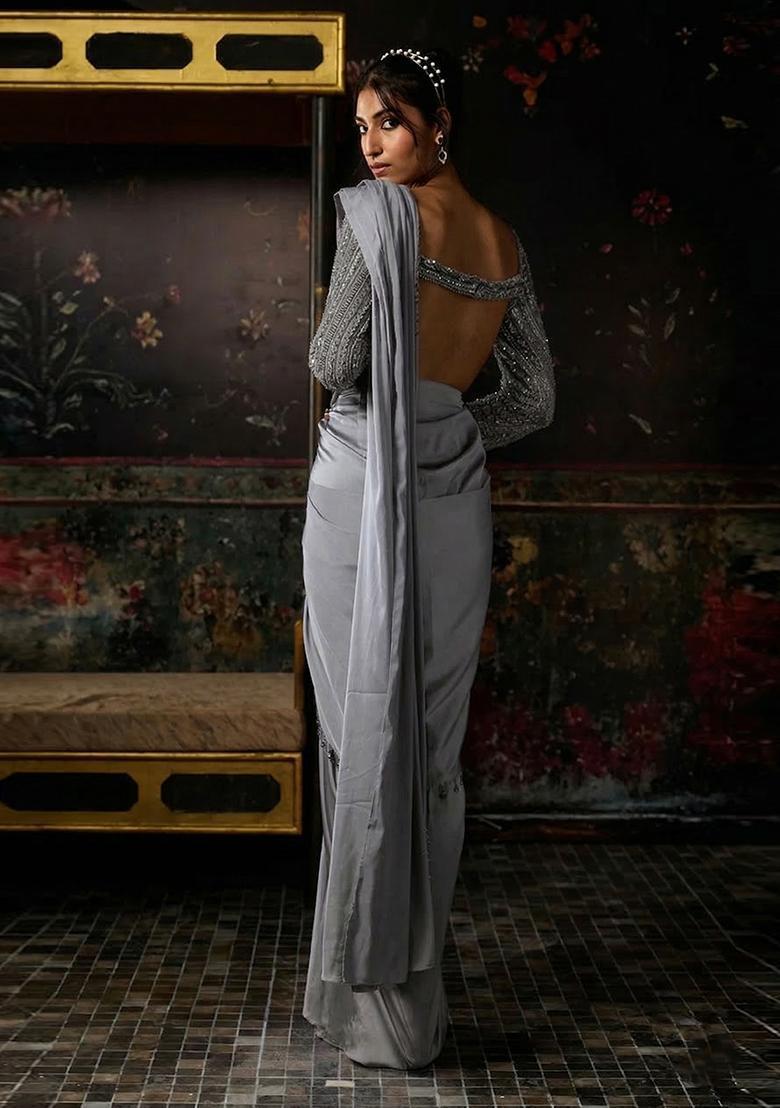 Light Grey Hand Work Satin Pre Draped Saree Set - Indya