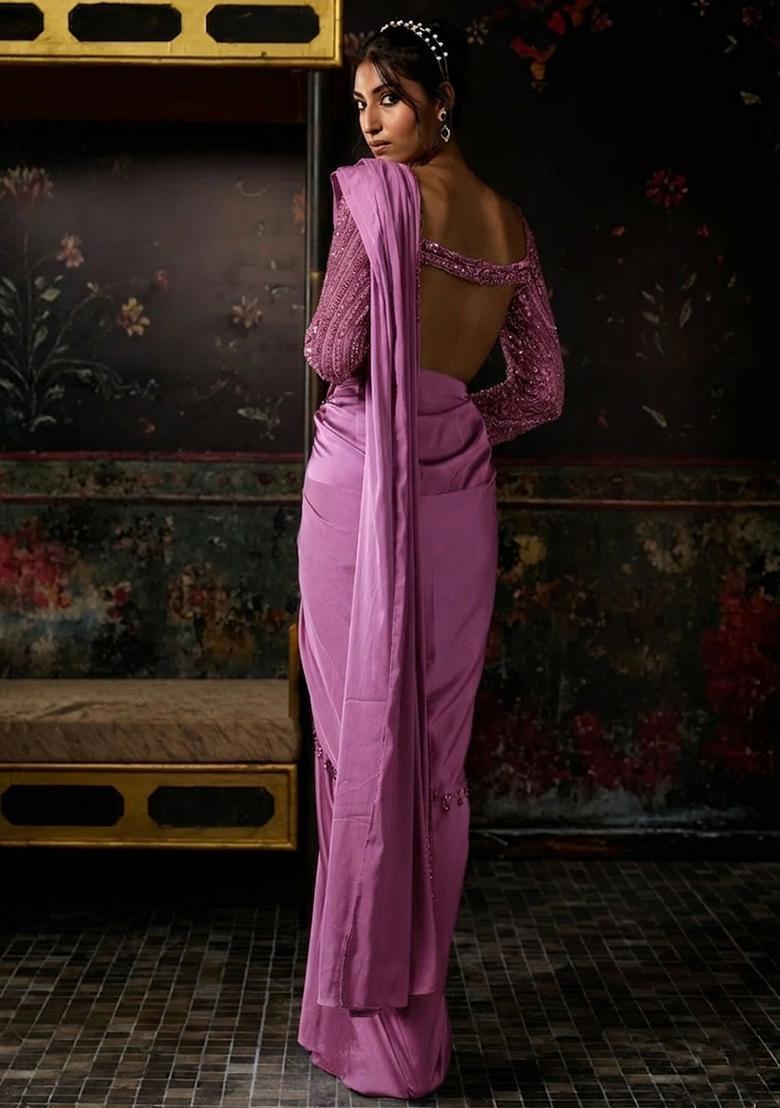 Lavender Hand Work Satin Pre Draped Saree Set - Indya