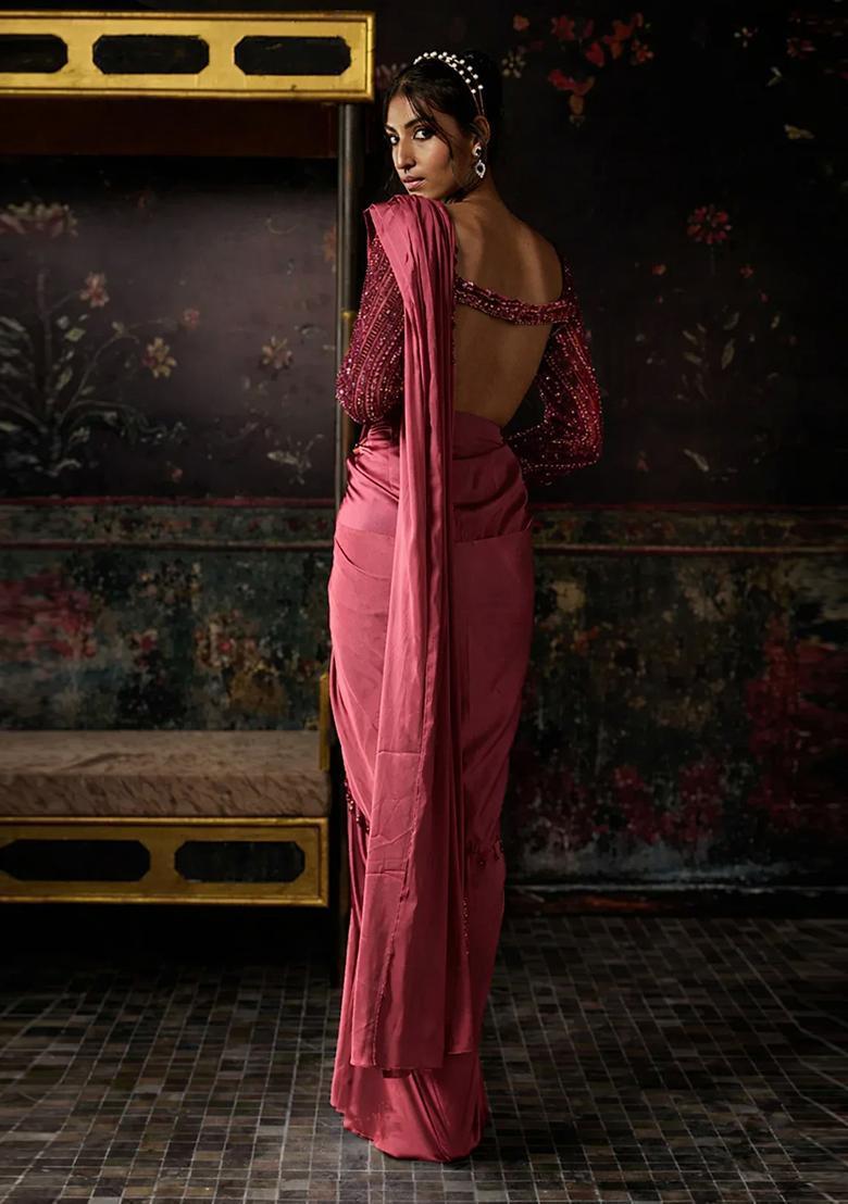Purple Hand Work Satin Pre Draped Saree Set - Indya