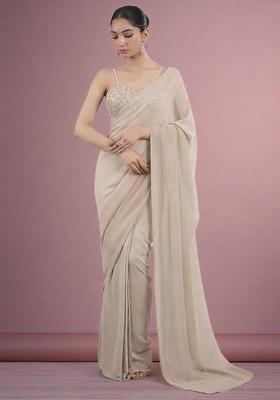 Grey Hand Work Georgette Pre Draped Saree Set