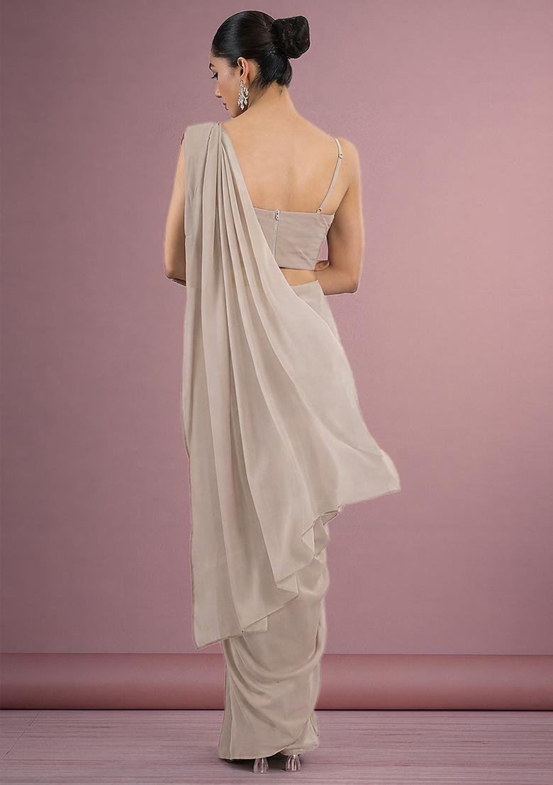 Grey Hand Work Georgette Pre Draped Saree Set - Indya