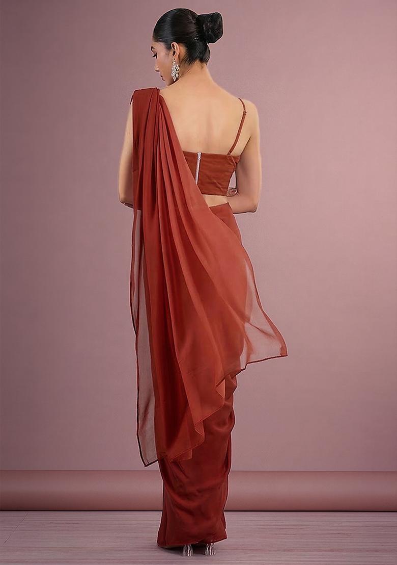 Red Hand Work Georgette Pre Draped Saree Set - Indya