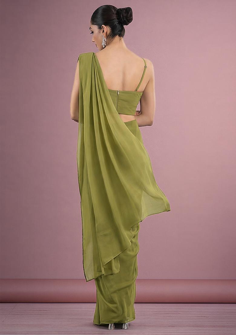 Olive Green Hand Work Georgette Pre Draped Saree Set - Indya