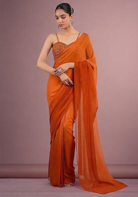 Rust Hand Work Georgette Pre Draped Saree Set