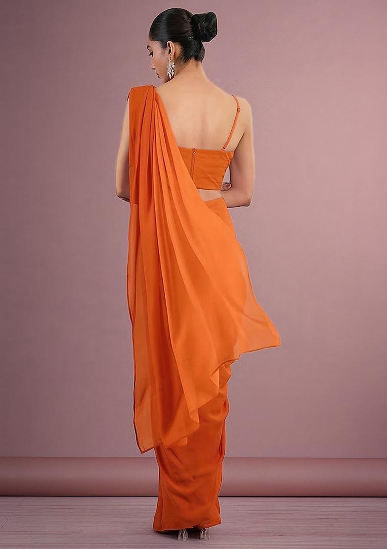 Rust Hand Work Georgette Pre Draped Saree Set - Indya