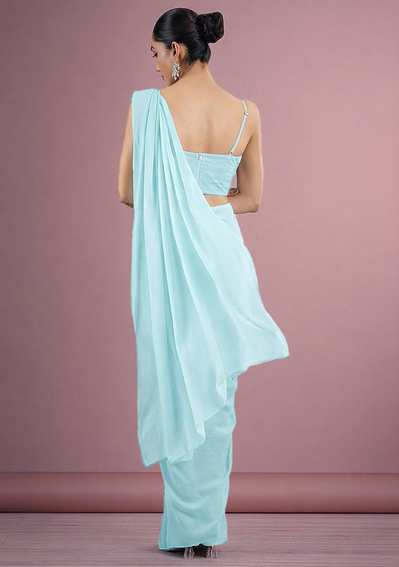 Light Blue Hand Work Georgette Pre Draped Saree Set - Indya