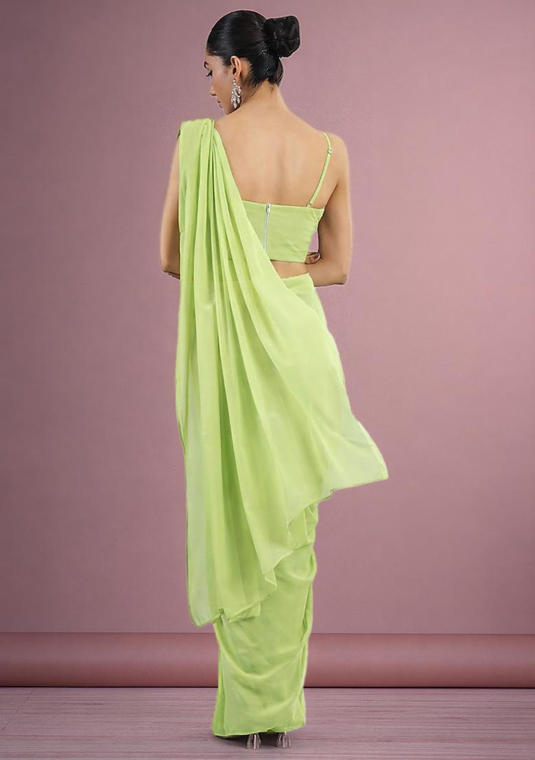 Olive Green Hand Work Georgette Pre Draped Saree Set - Indya