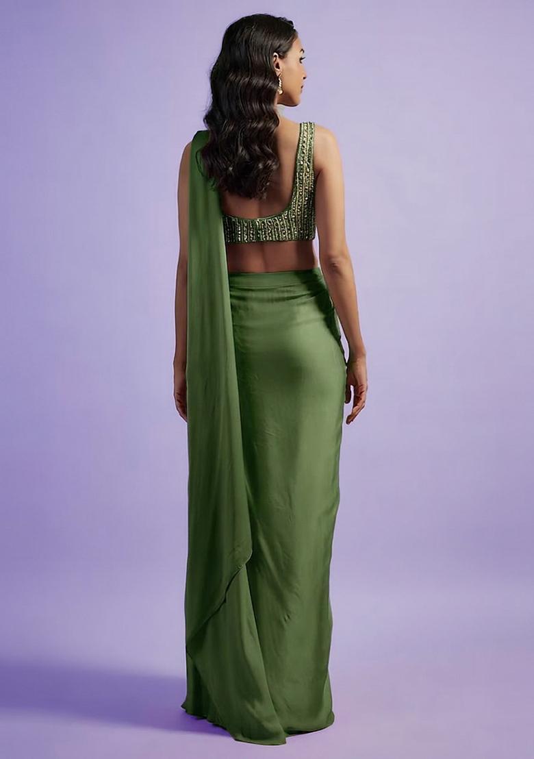 Dark Green Hand Work Satin Pre Draped Saree Set - Indya