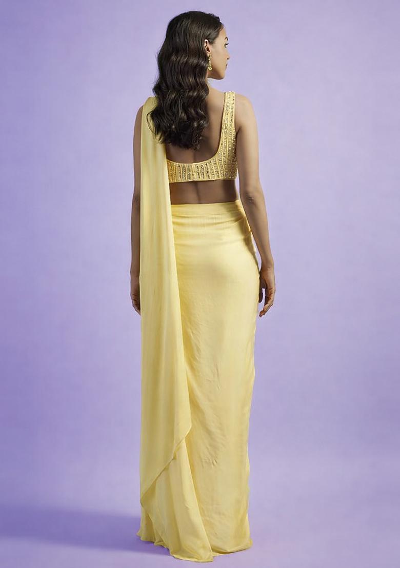 Pastel Yellow Hand Work Satin Pre Draped Saree Set - Indya