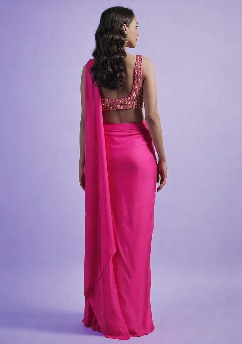 Bright Pink Hand Work Satin Pre Draped Saree Set - Indya