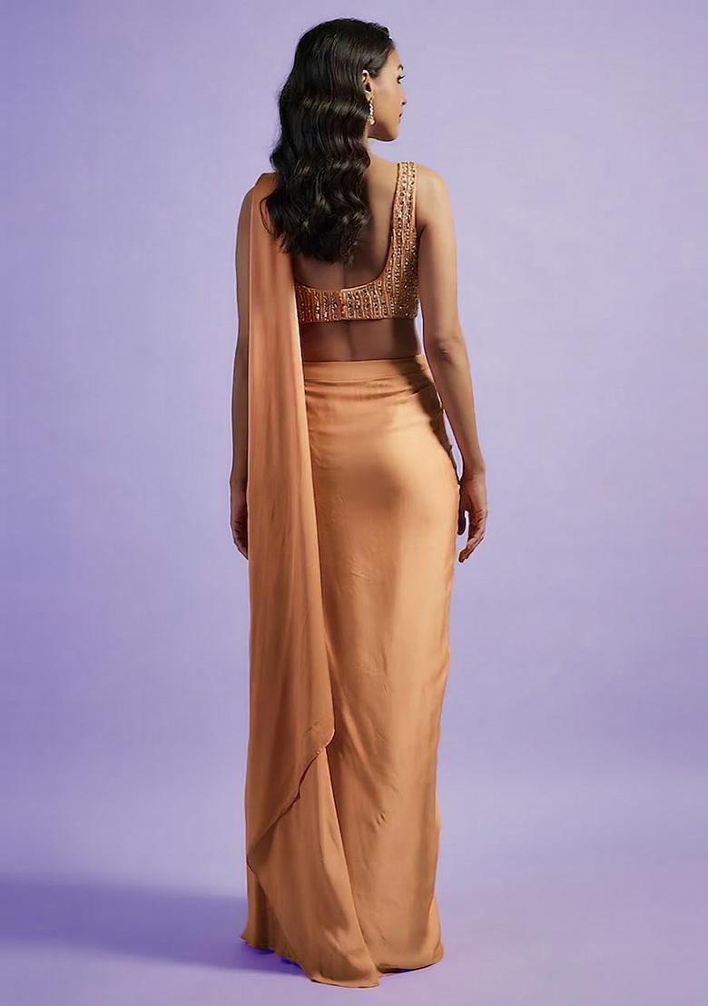 Beige Hand Work Satin Pre Draped Saree Set - Indya