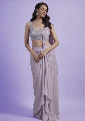 Grey Hand Work Satin Pre Draped Saree Set