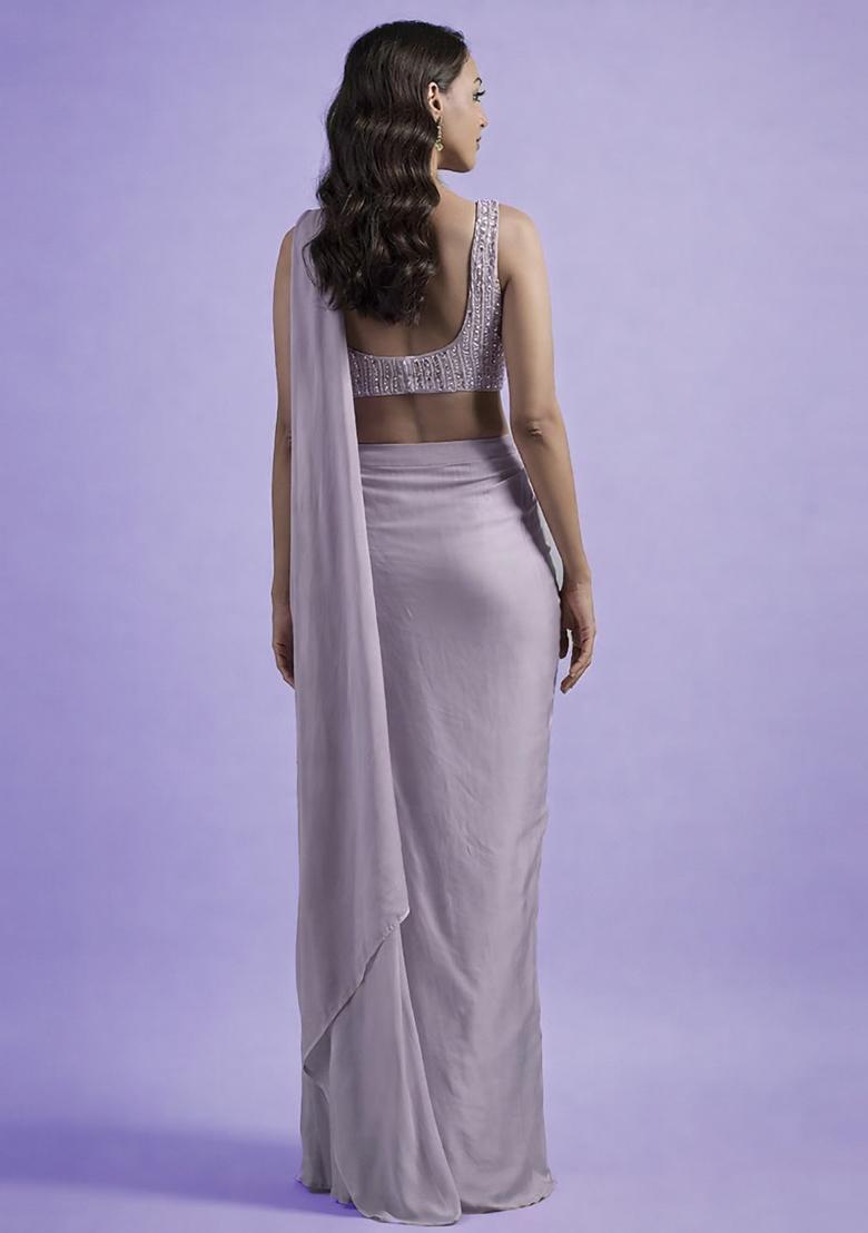 Grey Hand Work Satin Pre Draped Saree Set - Indya