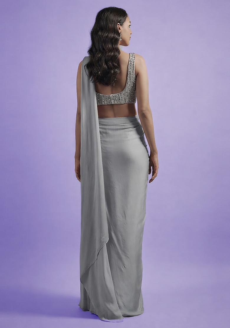 Grey Hand Work Satin Pre Draped Saree Set - Indya