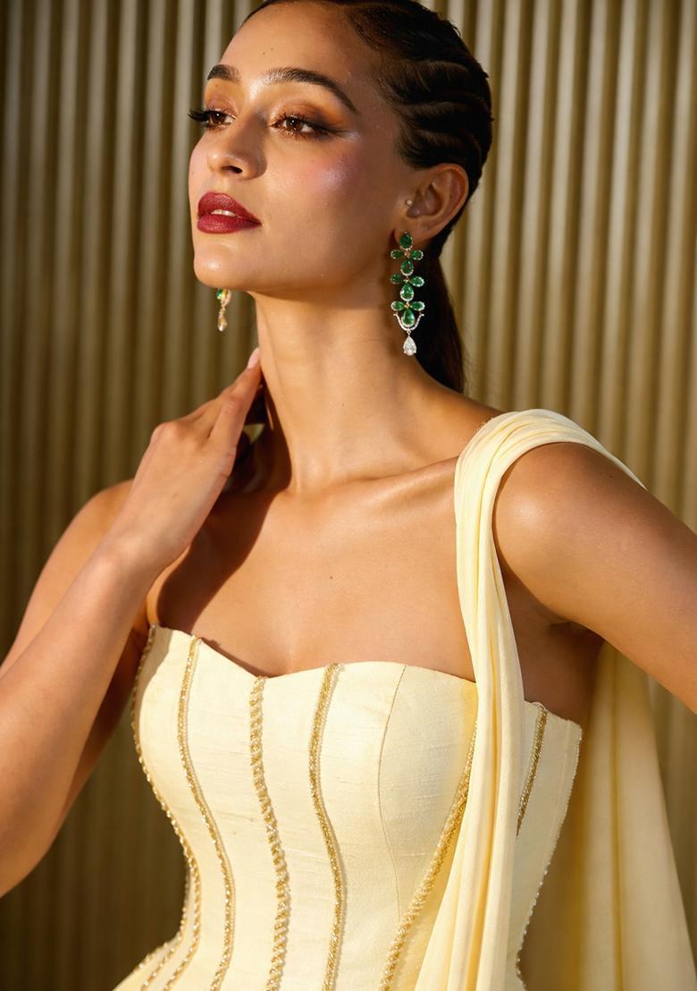 Light Yellow Hand Work Crepe Pre Draped Saree Set - Indya