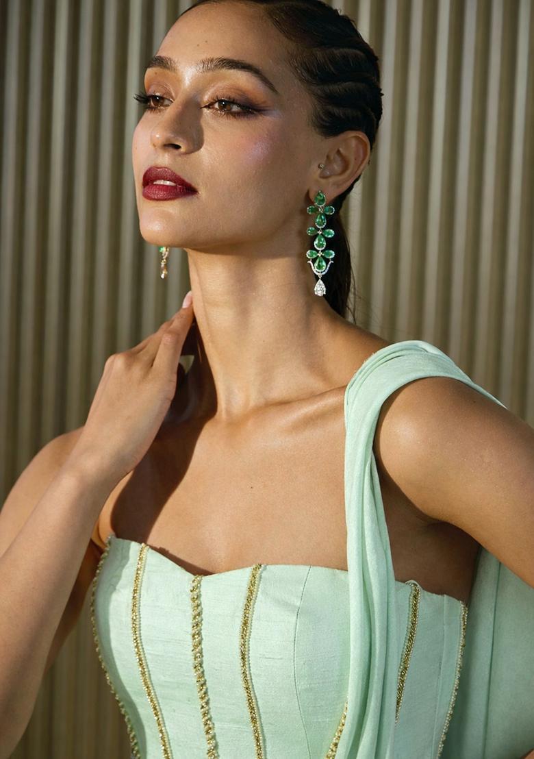 Mint Green Hand Work Crepe Pre Draped Saree Set - Indya