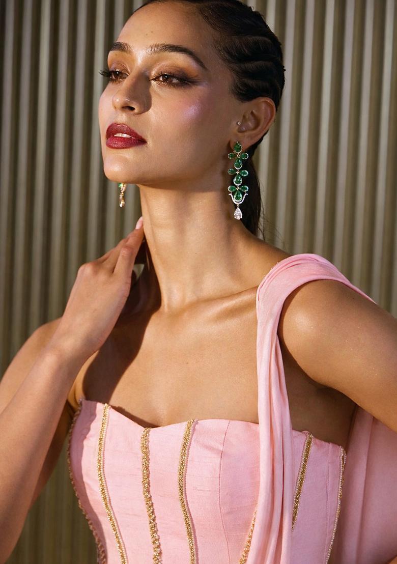 Light Pink Hand Work Crepe Pre Draped Saree Set - Indya