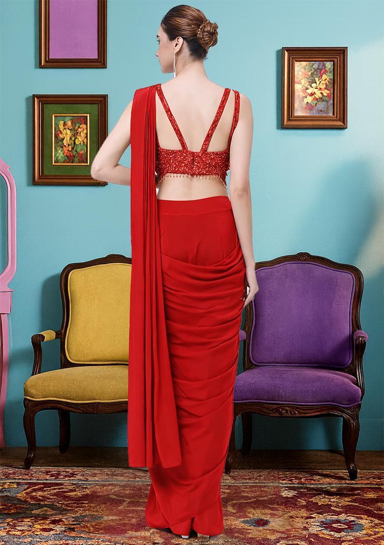 Dark Red Hand Work Crepe Pre Draped Saree Set - Indya