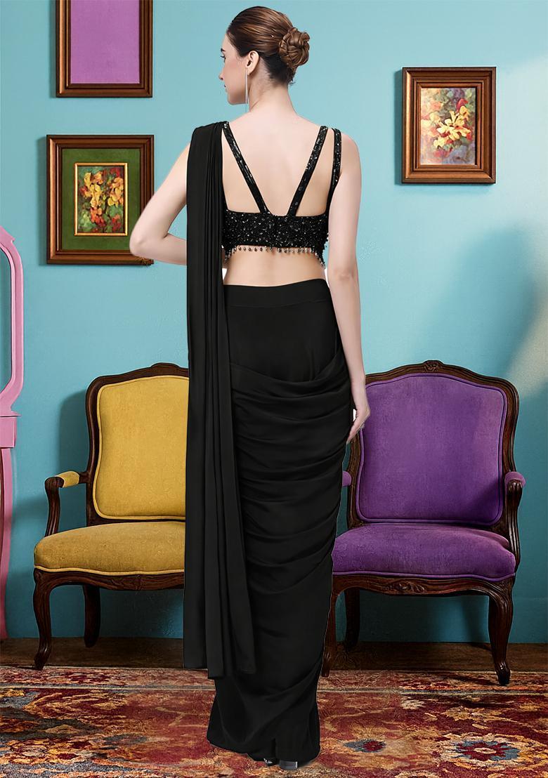 Black Hand Work Crepe Pre Draped Saree Set - Indya