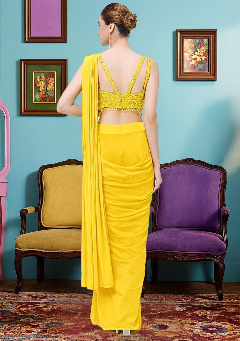 Yellow Hand Work Crepe Pre Draped Saree Set - Indya