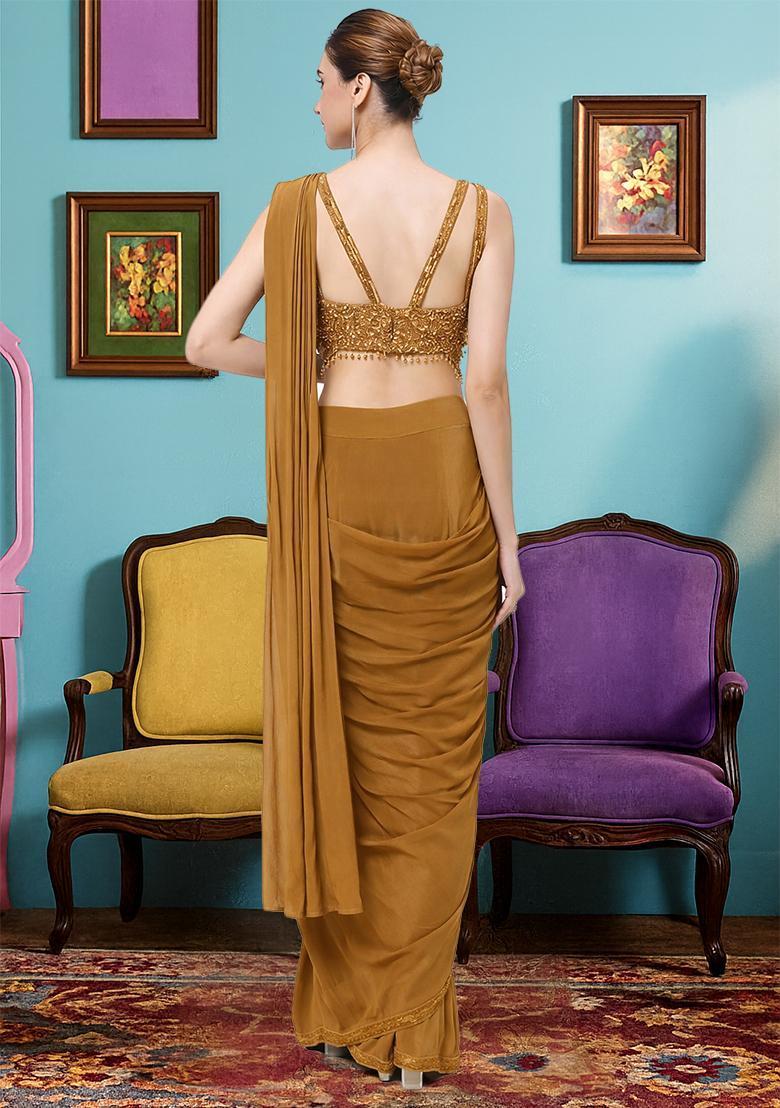 Brown Hand Work Crepe Pre Draped Saree Set - Indya